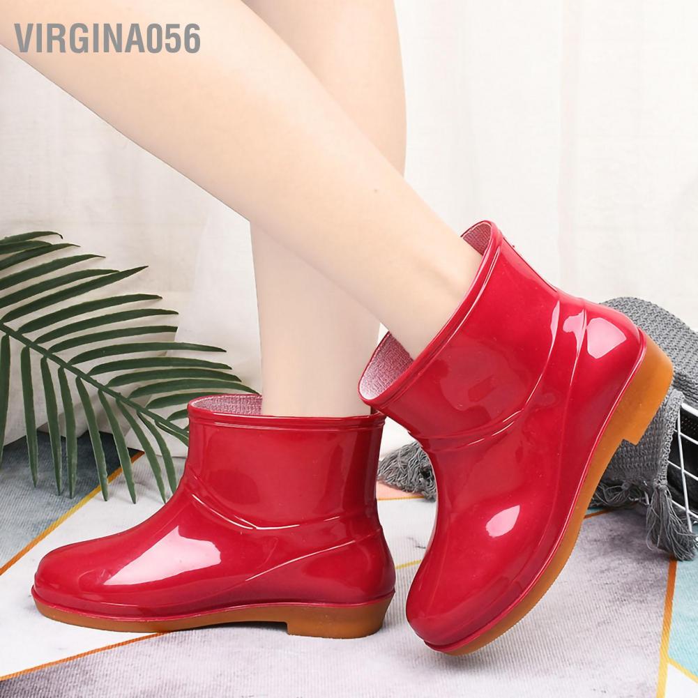 Virgina056 Giày đi mưa cho phụ nữ Thời trang chống trơn trượt ngắn Đầu tròn Radian PVC ủng bằng nhựa