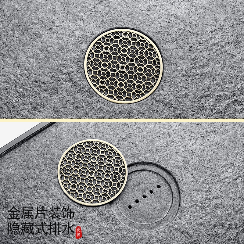 Khay trà đá vàng đen bàn trà đá tự nhiên gia dụng toàn bộ bình trà đá thoát nước Bộ trà đá vàng đen 
