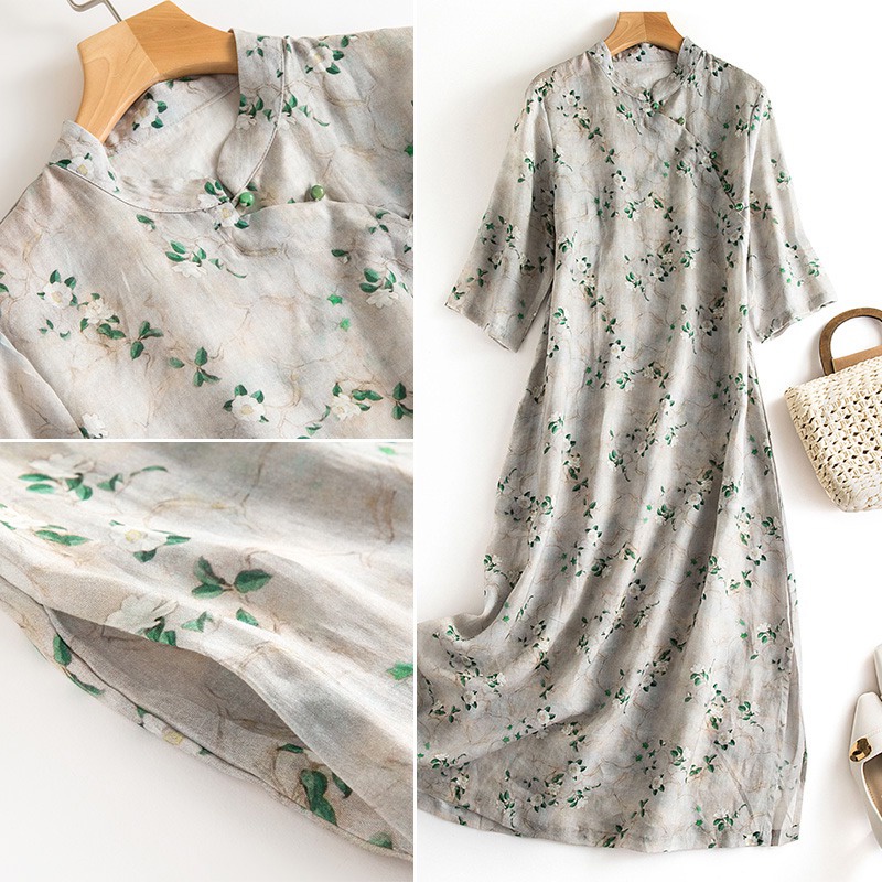 Đầm Sườn Xám Cách Tân Dáng Dài Bằng Vải Cotton Lanh In Hoa Phong Cách Trung Hoa Dành Cho Nữ