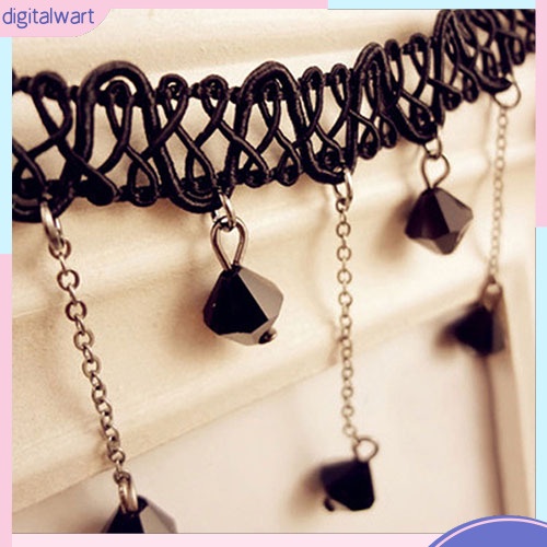 Vòng cổ choker thiết kế ren phối đá quý nhân tạo đen cá tính phong cách gothic dành cho nữ