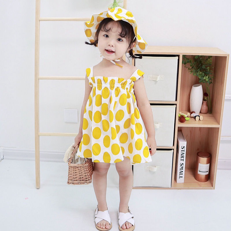 Bộ Đầm Yếm + Mũ Dễ Thương Phong Cách Hàn Quốc Thời Trang Đi Biển Mùa Hè Cho Bé Gái 1-4 Tuổi