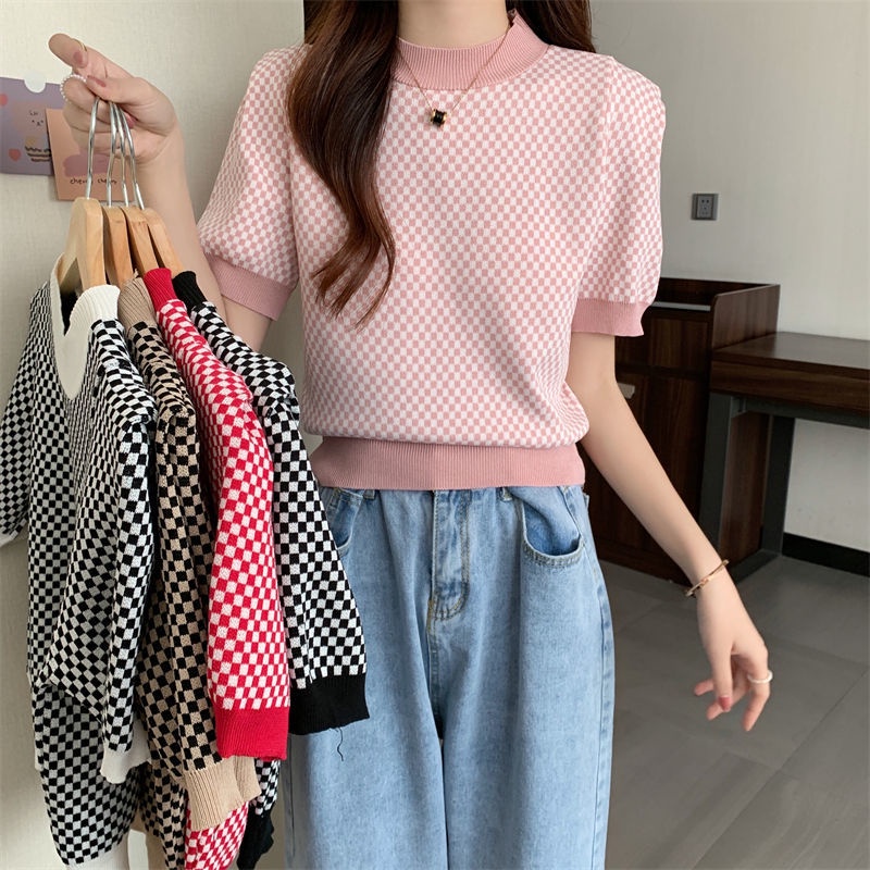 Áo dệt kim Pure Cube ngắn tay họa tiết kẻ sọc caro màu sắc tương phản thời trang mùa hè cho nữ