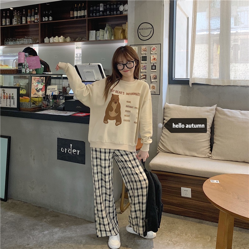 SUXI Áo Sweater Cổ Tròn Tay Dài Dáng Rộng In Hình Gấu Thời Trang