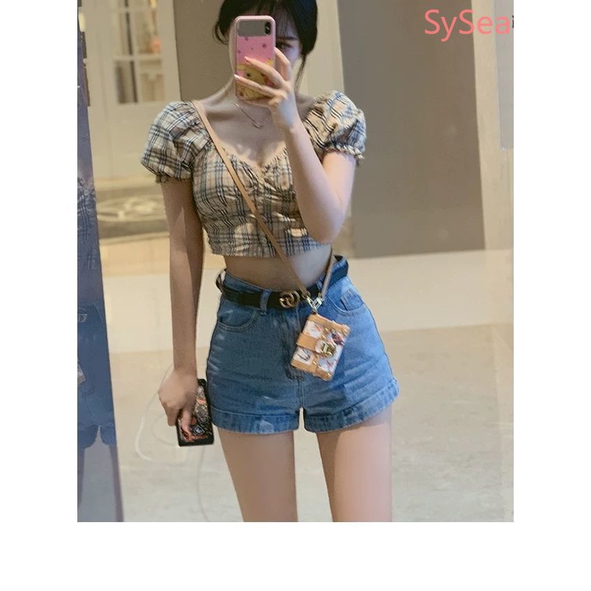 Áo Sơ Mi Tay Ngắn Cổ Chữ V Hoạ Tiết Sọc Ca Rô Phong Cách Retro