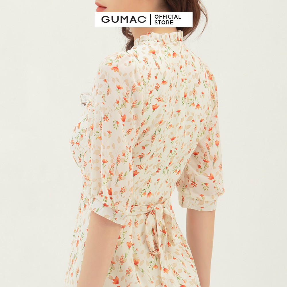 [Mã WABRGU155 giảm 15% tối đa 50k đơn 199k] Đầm xòe nữ tay dài buộc eo nhún cổ GUMAC màu kem, đủ size, phong cách DB3110 | BigBuy360 - bigbuy360.vn