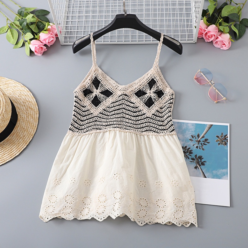 Áo Croptop Dệt Kim Sát Nách Cổ Tròn Phối Ren Rỗng Thời Trang Cho Nữ