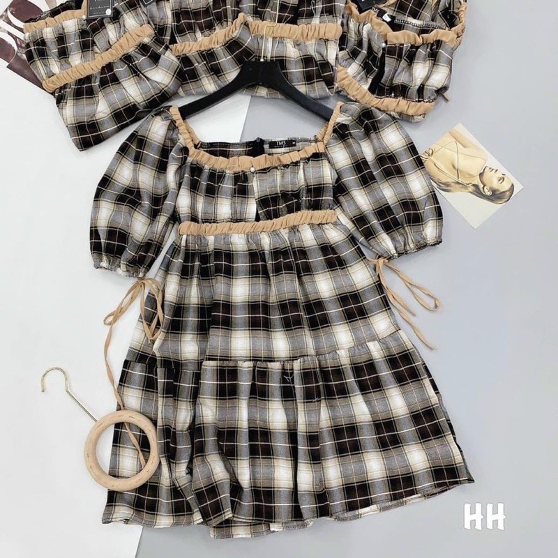 BIGSIZETIX Đầm caro tay bí siêu xinh 50-90kg hình mẫu thật 100%