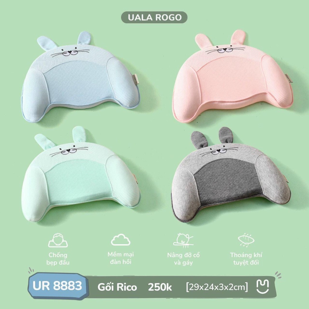 Gối Uala Rogo cao su non, Memory foam cao cấp mềm mịn dịu êm chống bẹp đầu cho bé trai bé gái tob teddy rico