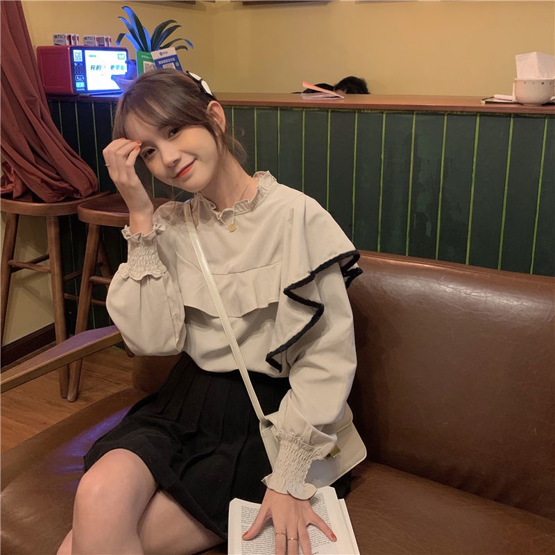 Áo kiểu tay dài cổ đứng phối bèo thời trang thu đông phong cách Pháp 2021 cho nữ