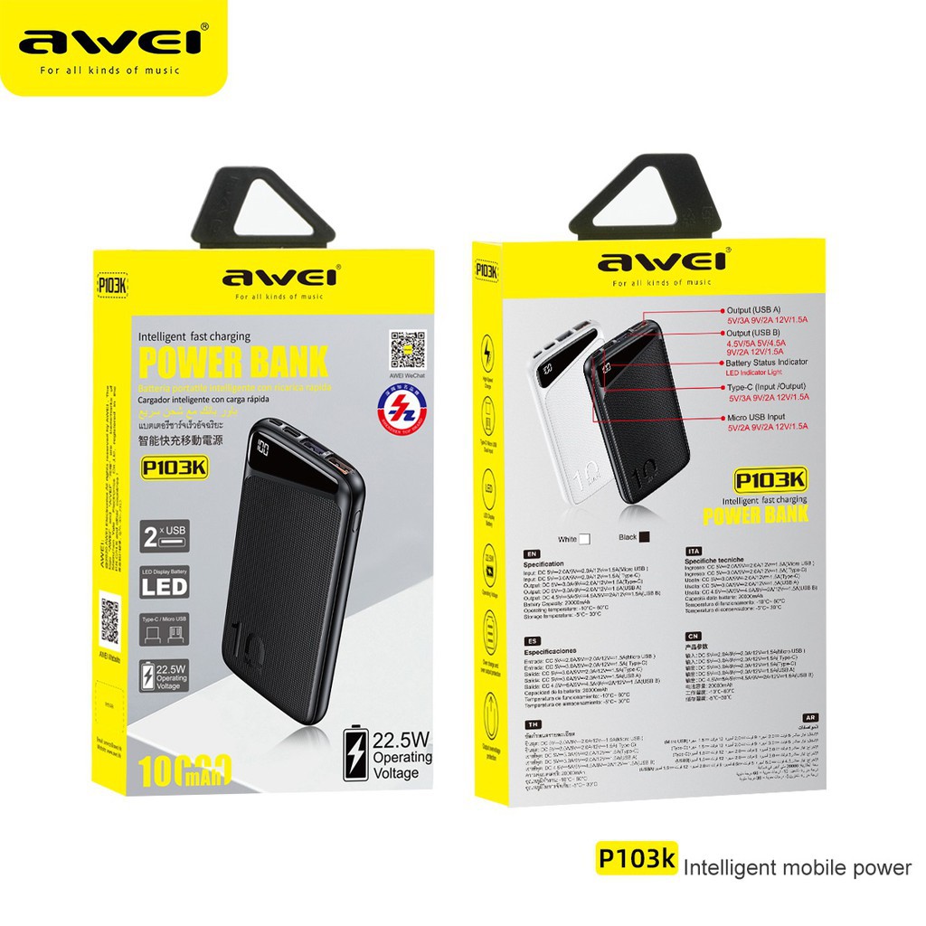 Sạc Dự Phòng Awei 10000mAh P103K QC 22.5W PD 18w