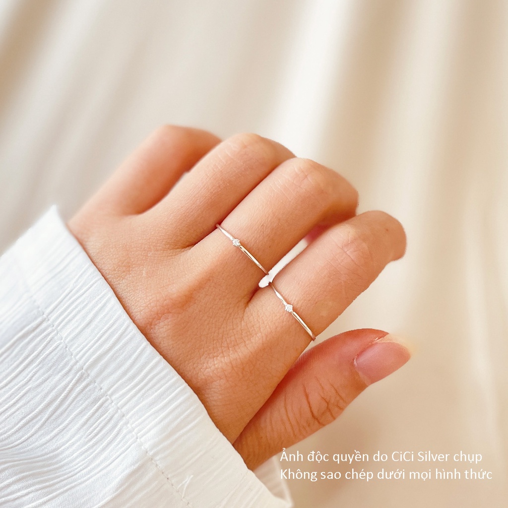 Nhẫn bạc trơn mảnh CiCi Silver, nhẫn nữ basic, đính 1 viên đá, bạc 925, kiểu đơn giản, hàn quốc