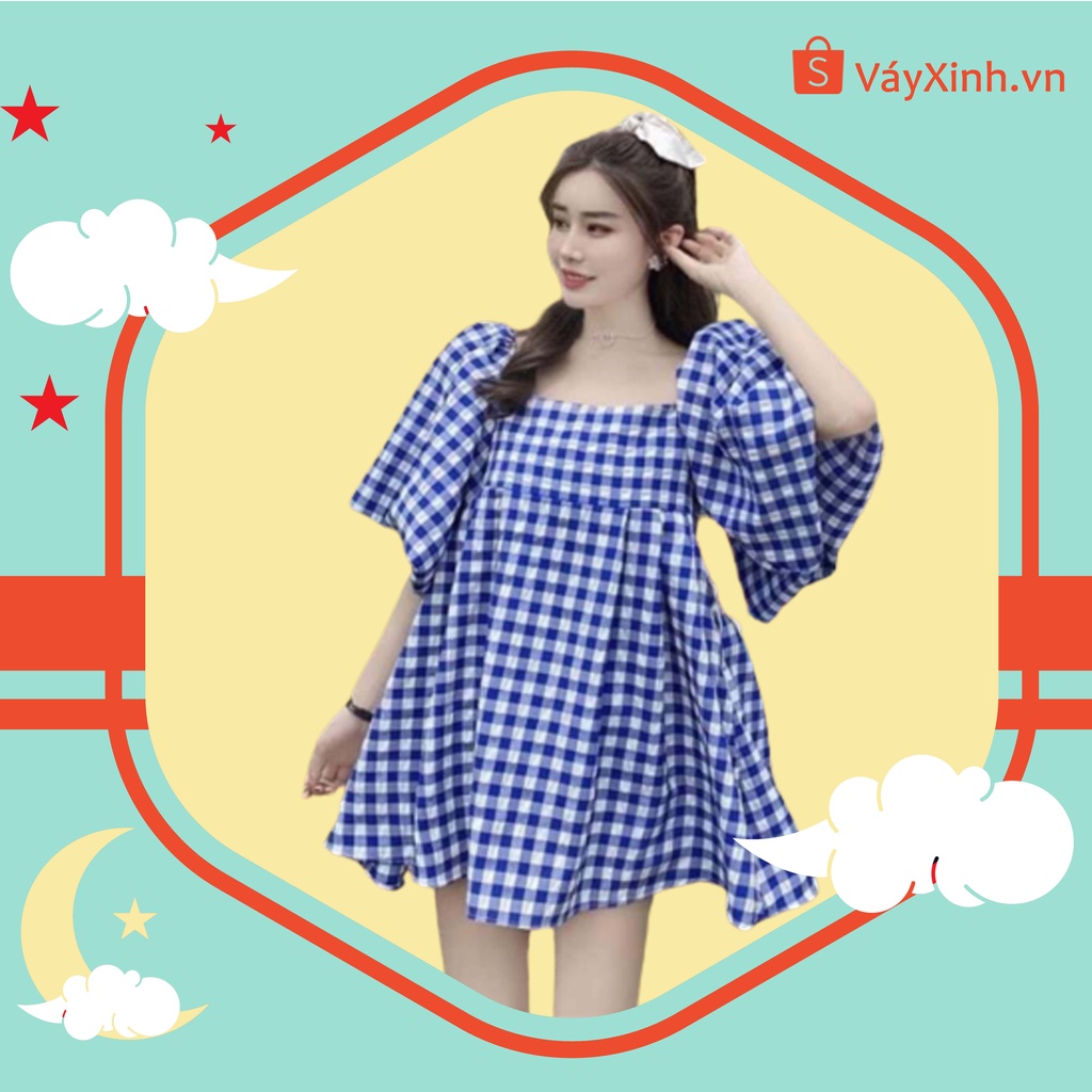 Váy Bigsize tay bồng cổ vuông, Đầm nữ hoạ tiết caro màu xanh dáng xoè tay lỡ mặc nhiều kiểu siêu hot