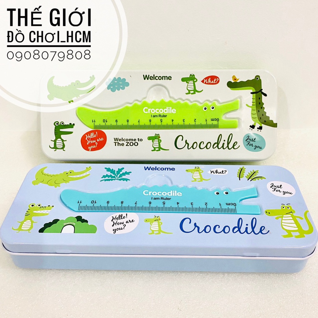 [TRỢ GIÁ-KÈM THƯỚC] Hộp bút sắt hai tầng cho bé đựng viết, hộp viết có họa tiết cá sấu Crocodile siêu dễ thương 675