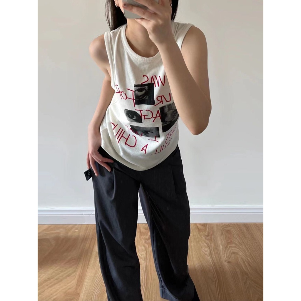 ♘⊕❇Áo Thun Sát Nách Cổ Tròn Dáng Rộng Họa Tiết Kẻ Sọc Thời Trang Retro Mỹ Cho Nữ