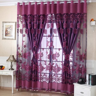 Rèm cửa vải voan , in hoa , có dây để vén lên