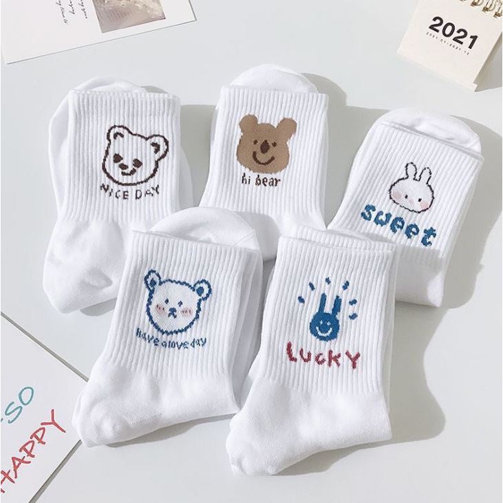 Combo 5 đôi tất nữ cổ cao màu trăng mix mặt thỏ gấu siêu đẹp, vớ nữ rẻ đẹp