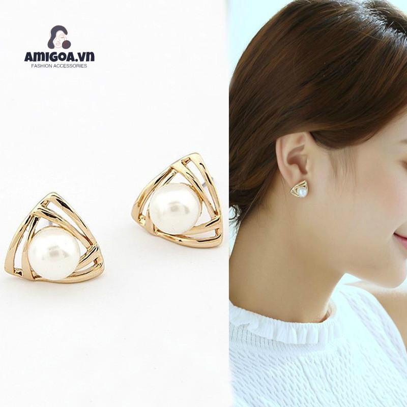 Khuyên Tai Hình Tam Giác Đính Ngọc Trai Đơn Giản