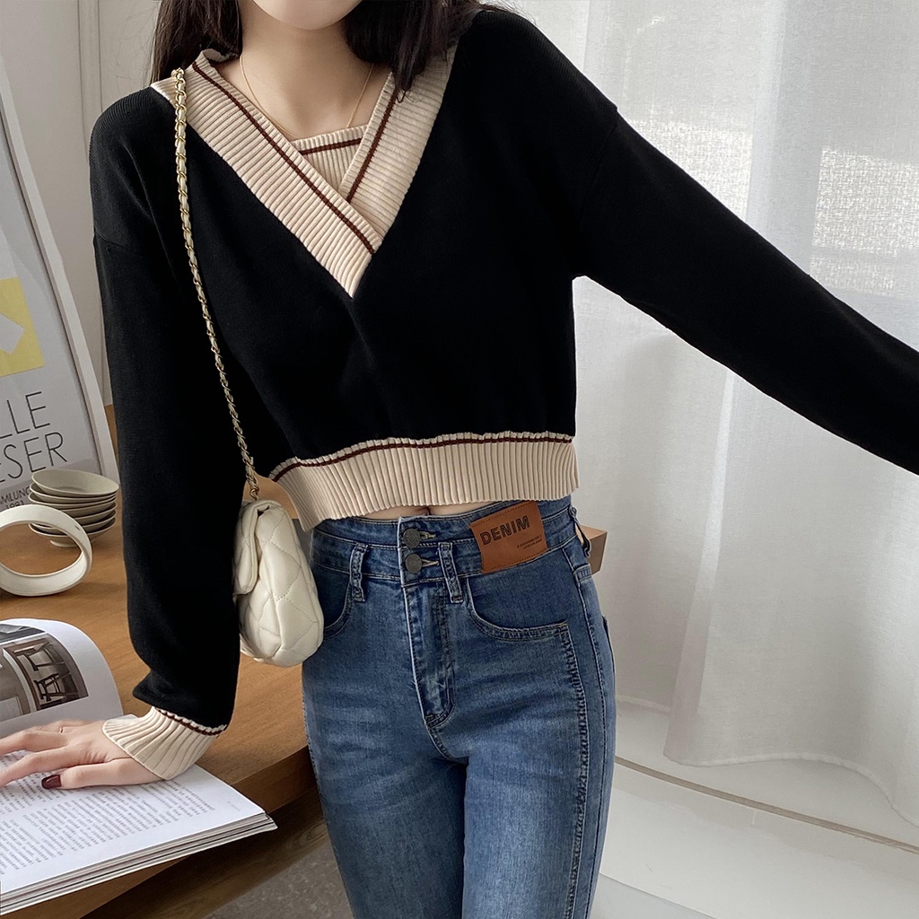 Áo len cổ chữ V form rộng theo phong cách retro Hàn Quốc