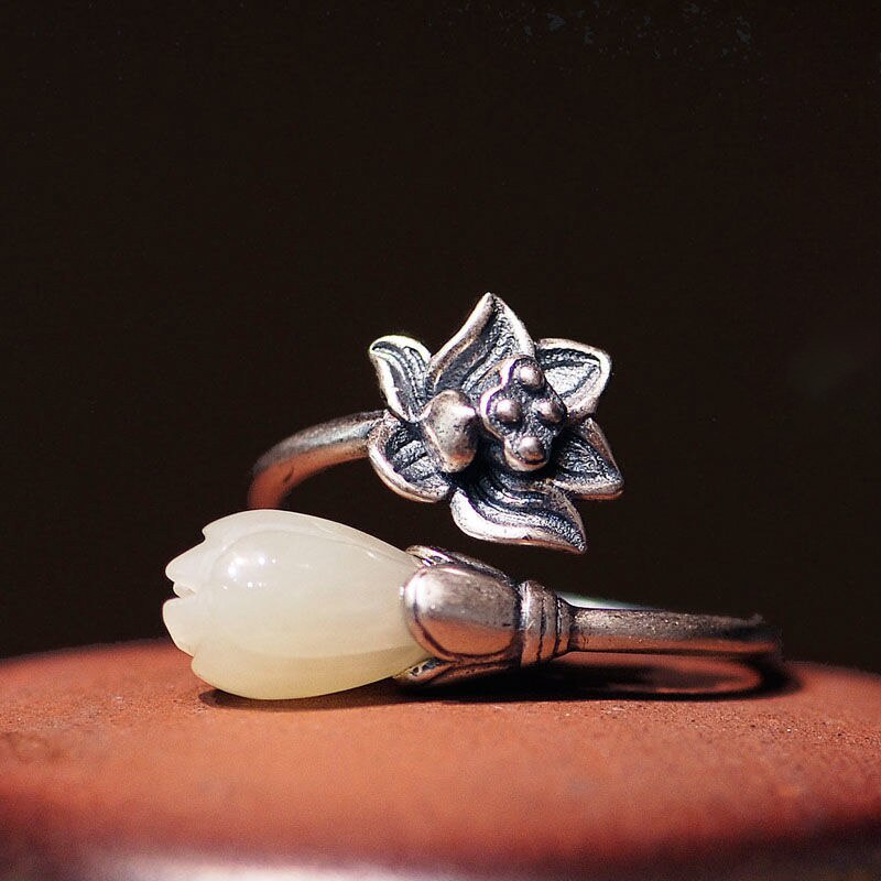 Nhẫn Hở Mạ Bạc 925 Hình Hoa Sen Có Thể Điều Chỉnh Phong Cách Bohemian Thanh Lịch