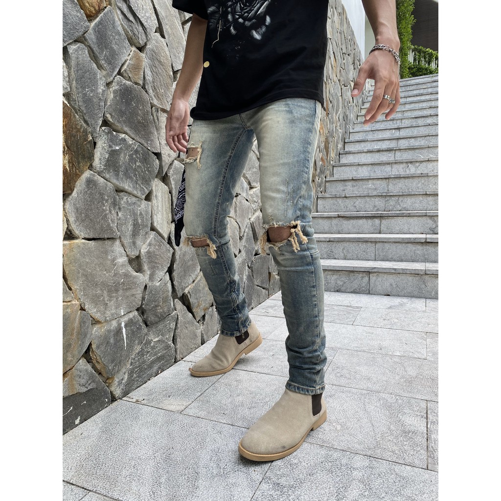 Quần Jean nam rách, quần bò nam đẹp, form slimfit có zip, chất jean co giãn thoải mái, màu wash bụi bậm