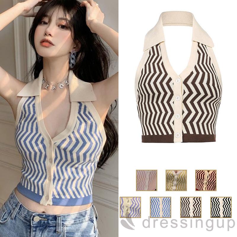 Áo Croptop Không Tay Cài Nút In Họa Tiết Kẻ Sọc Gợn Sóng Cho Nữ