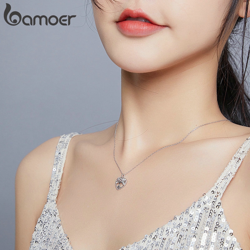 Dây Chuyền Bamoer Bạc 925 BSN176 Mặt Hình Trái Tim Phối Cây Chạm Khắc Thời Trang Xinh Xắn Cho Nữ