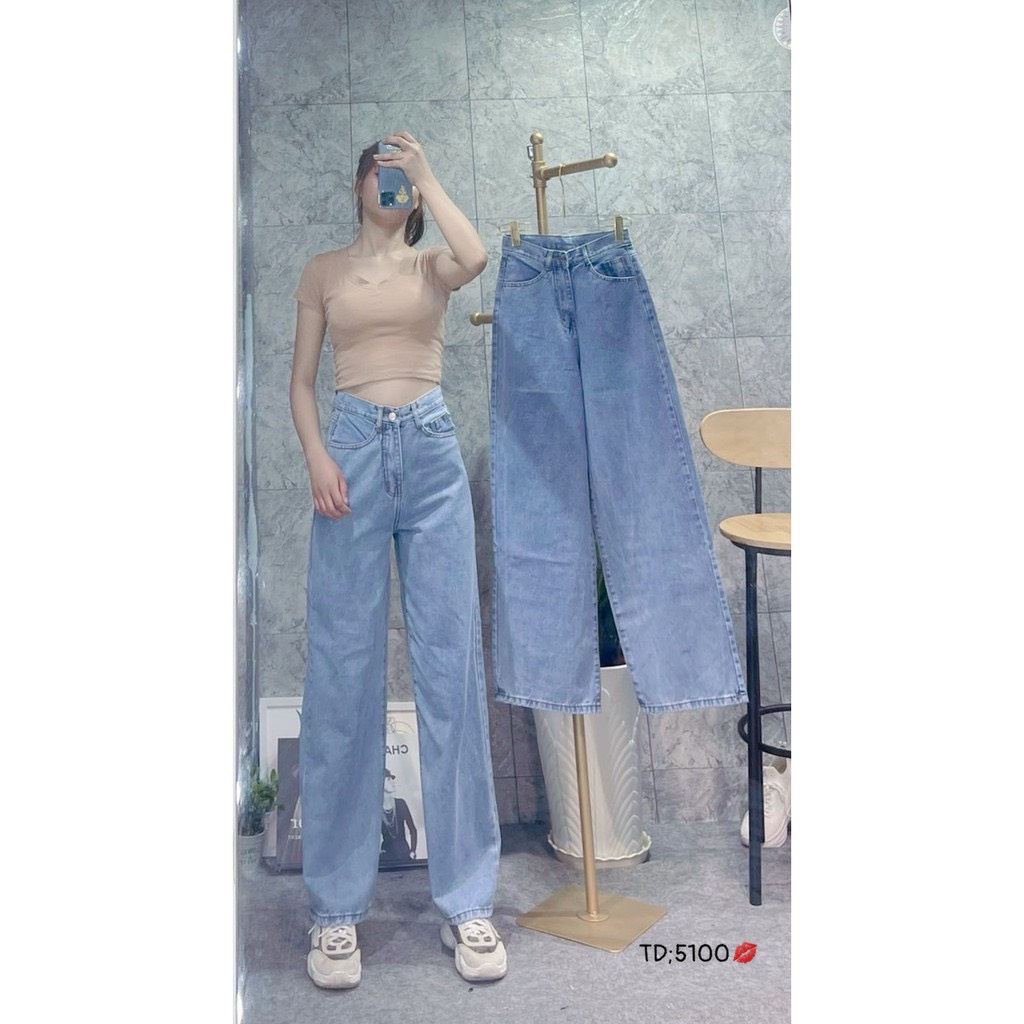 Quần Jeans Ống Rộng Ulzzang Lưng Cao Gài Eo 2 Màu Đen - Xanh QD023