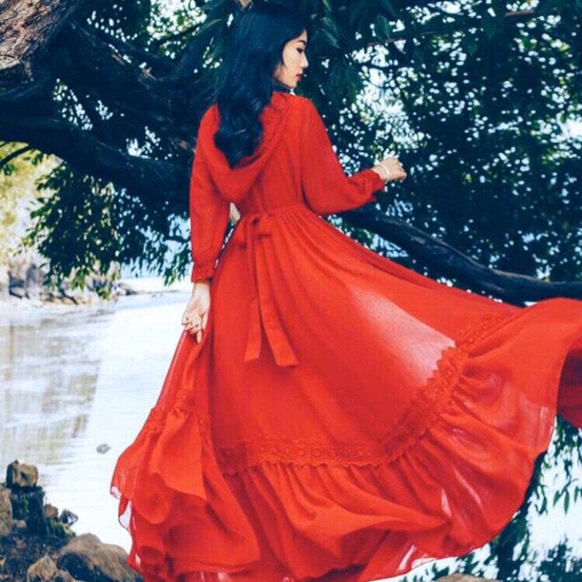 [FREESHIP] Đầm Maxi Đỏ Phối Ren Kèm Nón | BigBuy360 - bigbuy360.vn