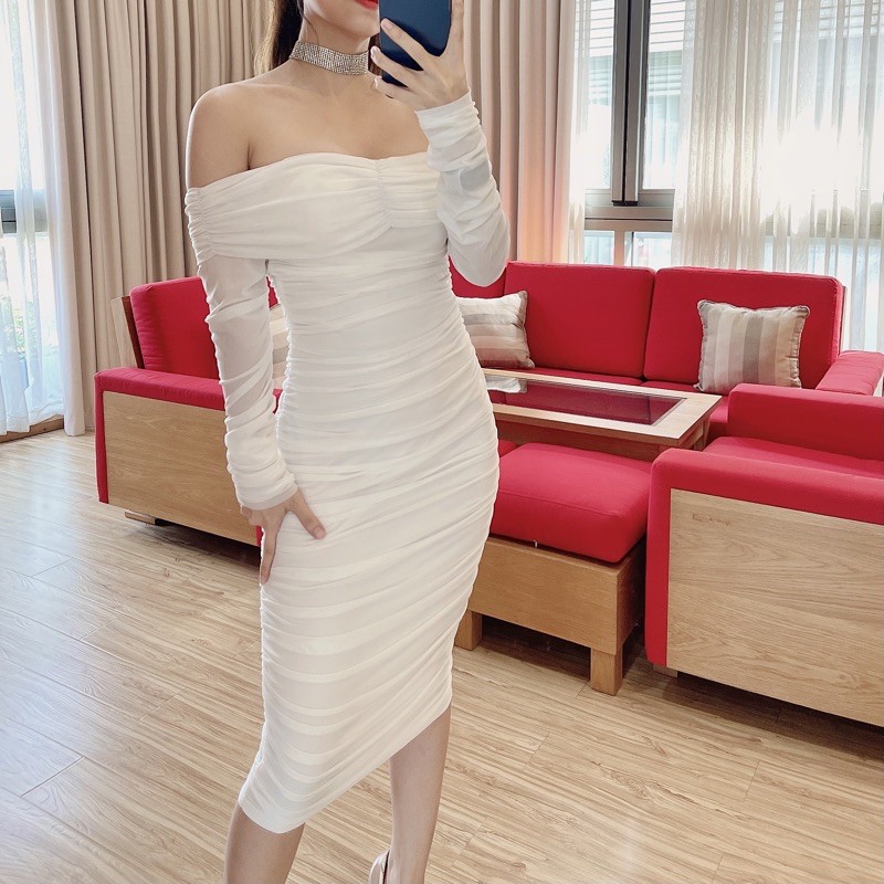 Đầm lưới trắng trễ vai (hình thật của shop)