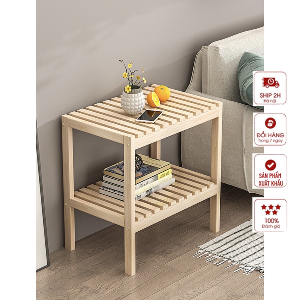 Kệ Tab Đầu Giường Gỗ Thông 2 Tầng Đa Năng Cao Cấp 35x35x50cm (Dài x Rộng x Cao) - Nội Thất Kiểu Hàn Lắp Ráp