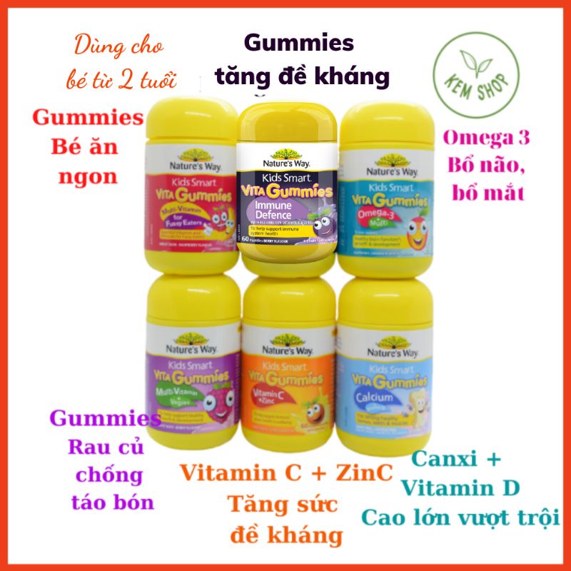 [Cam kết chuẩn Auth] Vita Gummies Nature's Way Úc - Kẹo gôm bổ sung vitamin cho bé - 60 viên gum - 7 vị