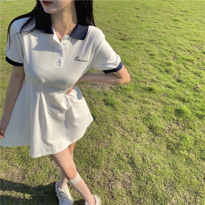 💃 Đầm Polo Nữ Thêu Chữ Triết Eo Cổ Phối Màu Dáng Xòe
