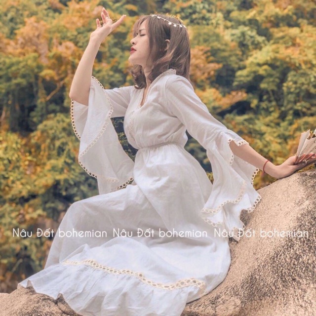 Váy tay loe trắng boho vintage ( ảnh thật )
