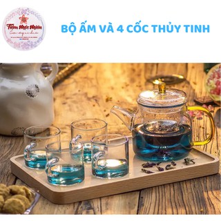 Bộ ấm trà thủy tinh pha trà hoa kèm khay gỗ