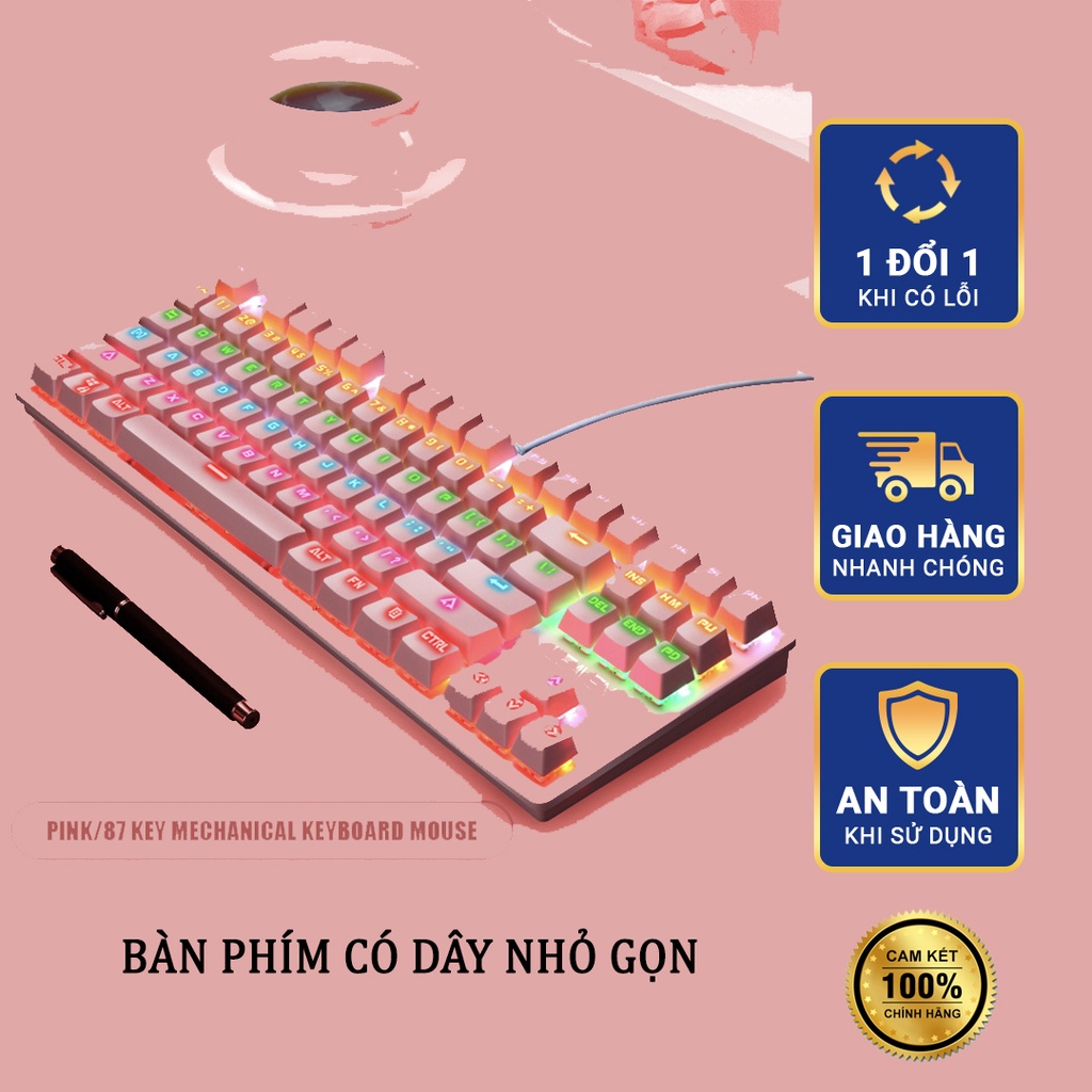 Bàn Phím Máy Tính Leaven Có Dây Màu Hồng Cơ Học 87 Nút Có Đèn Led Mini Nhỏ Gọn Dùng Cho Laptop Pc