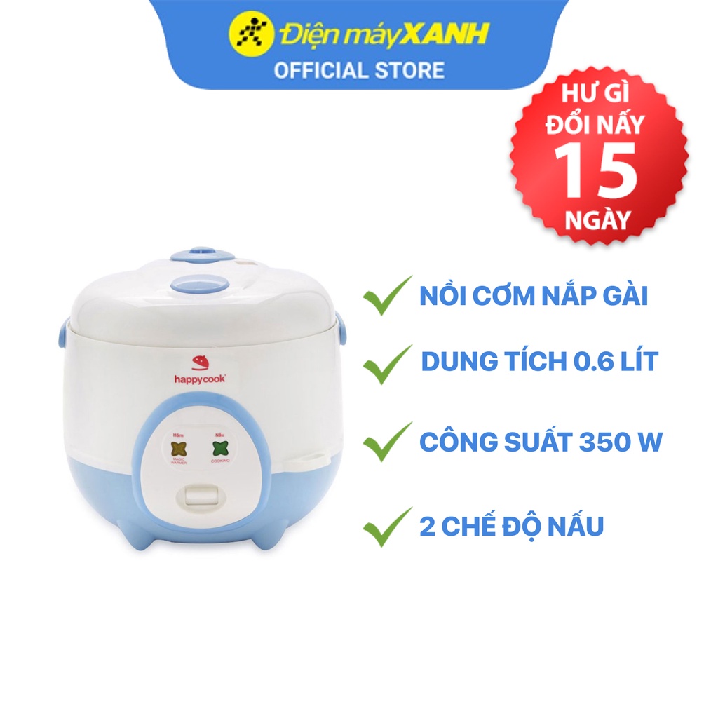 Nồi cơm điện nắp gài Happycook HC-60 Xanh 0.6 lít 350 W lòng nồi chống dính - Chính hãng BH 12 tháng