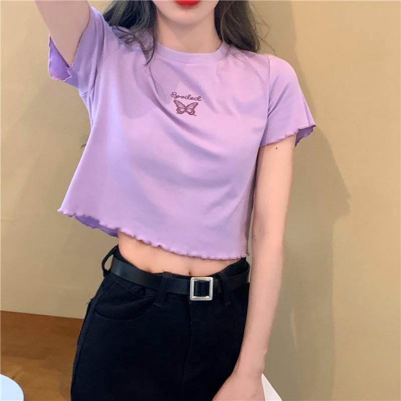 Áo Thun Croptop Thêu Hình Bướm Xinh Xắn Cho Nữ