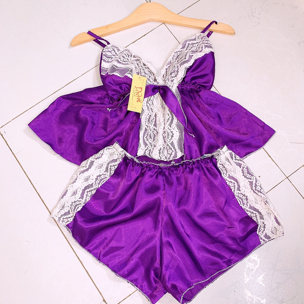 Đồ ngủ 2 dây⭐️ FREE SHIP ⭐️ Đồ ngủ nữ có mút tháo rời, đính nơ ngực và viền ren, kiểu sexy, DN28