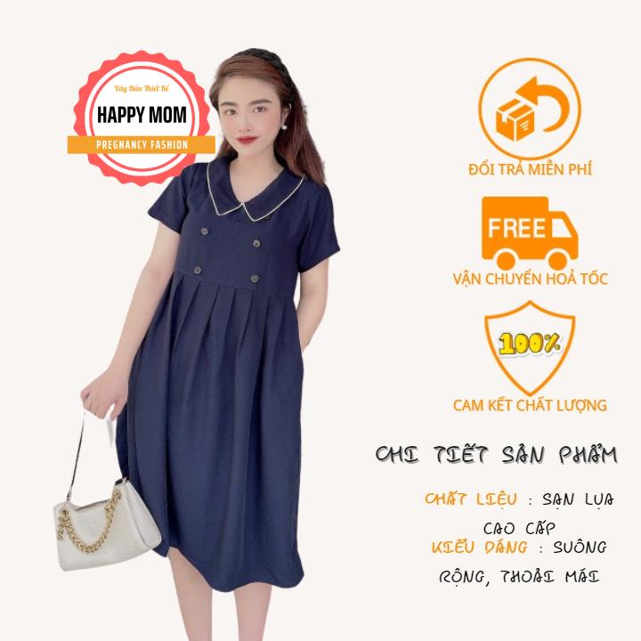 Váy bầu công sở. Đầm bầu dáng suông xinh xắn thiết kế cổ bèo, tay ngắn. Màu xanh sang chảnh
