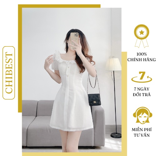 Đầm A xòe xốp gấm cổ chun bèo phối nút CHIBEST HDB924