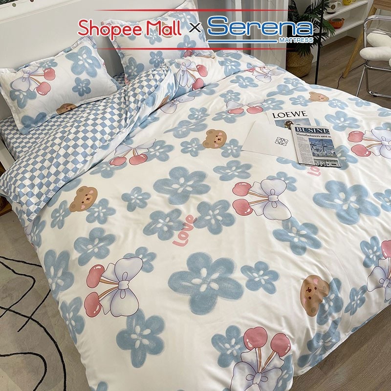 Bộ Ga Giường Chần Bông Full 5 Món Cotton Poly SERENA MATTRESS Chăn Ga Grap Ra Drap Gối Đệm Nệm Trải Phủ Giường Trần Bông