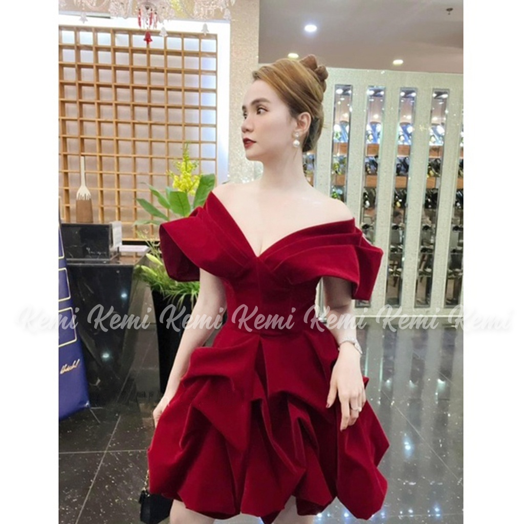 Đầm Dự Tiệc, Váy Thiết Kế Tafta Trễ Vai Dáng Xòe bồng bềnh 2 màu đen, trắng cực hot nhà Kemi