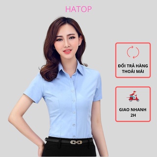 Áo sơ mi nữ tay ngắn HATOP cao cấp vải cotton loại 1 màu xanh ASXN213