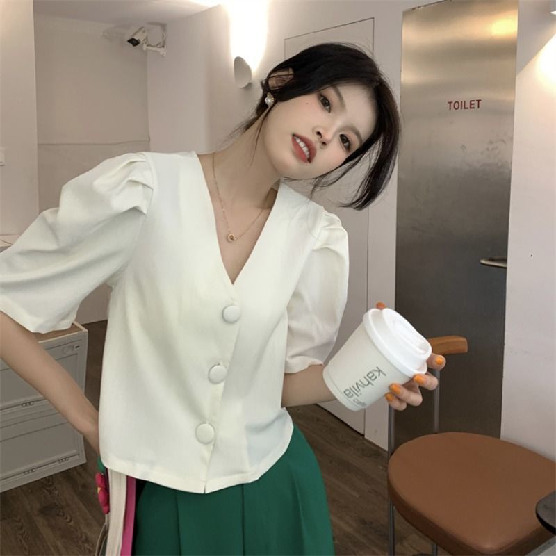 Áo Sơ Mi Tay Ngắn Cổ Chữ v Thiết Kế Ba Hàng Nút Thời Trang Mới Cho Nữ