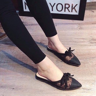 Giày búp bê nữ bánh bèo, giày sục nữ mũi nhọn đế bằng phối nơ thời trang màu đen