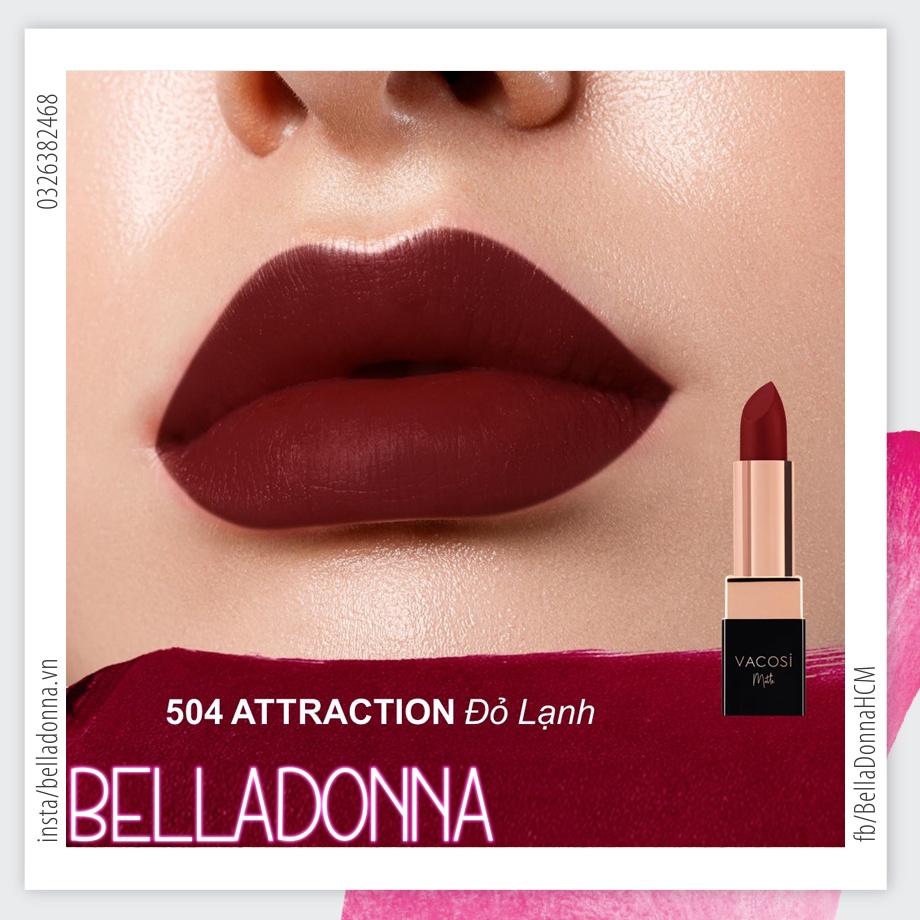 [CHÍNH HÃNG] Son Lì Mịn Môi VACOSI Natural Studio Color Matte Lipstick 3,7g #504 - Attraction: Đỏ lạnh