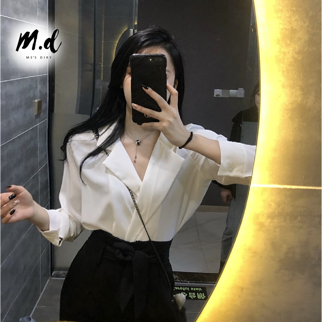 Áo sơ mi lụa nữ đẹp, cổ vest, công sở, kiểu Hàn quốc cao cấp, màu trắng, đen MDshop official store