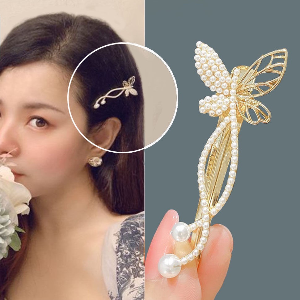 Haimeikang Kẹp tóc hình bướm đính kim cương nhân tạo và ngọc trai phong cách Hàn Quốc mới