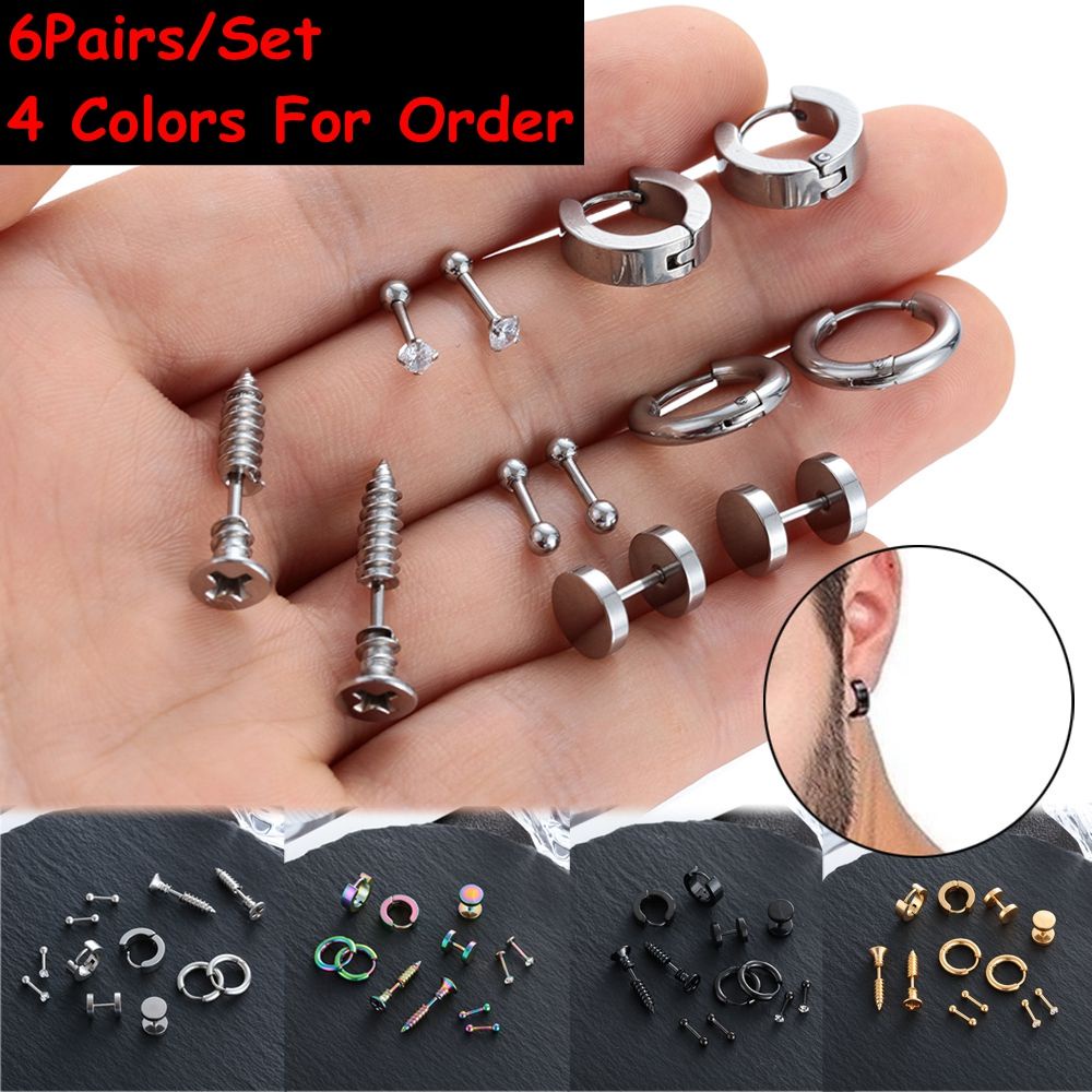 Set 6 cặp khuyên tai tròn bằng thép không gỉ màu đen phong cách gothic cho nam và nữ