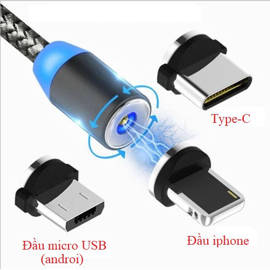 X FREESHIP TOÀN QUỐC từ 50k_COMBO một dây+ 3 đầu sạc nam châm iphone - Type C - micro USB dây dù xoay 360 độ cao 6